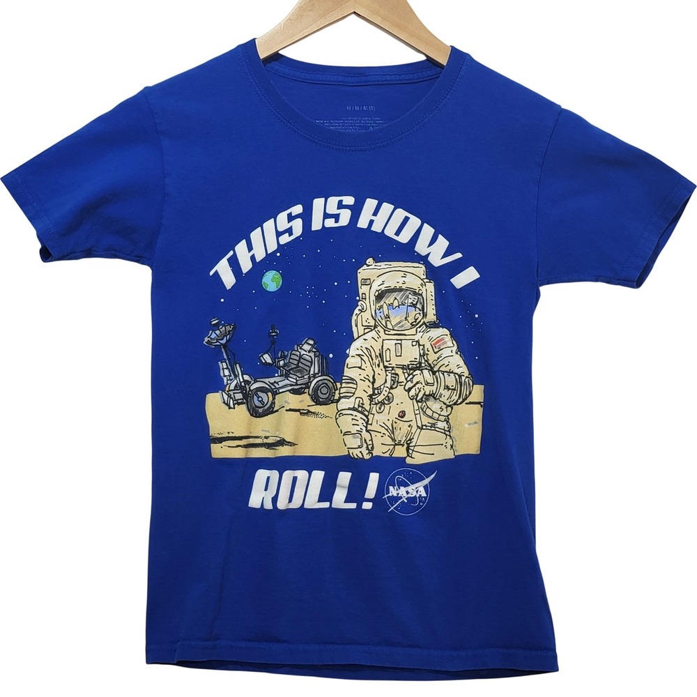 NASA Kids Blue Graphic T-Shirt Astronaut Lunar Rover This Is How I Roll Size M 8